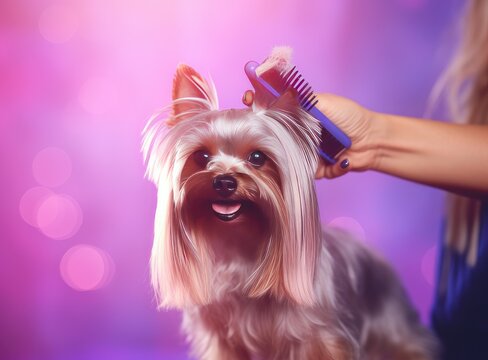 Head shot of chinese chrested dog colored with pink light Created with Generative AI technology.