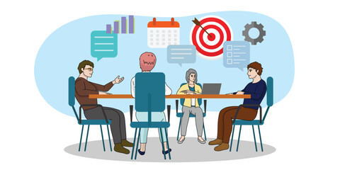 Group of people discuss about future business plan, vector illustration