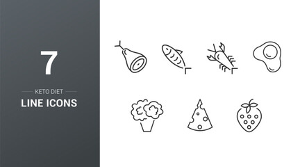 Keto diet concept line icon set. Types of ketogenic diet idea thin line illustration. Healthy lifestyle. Losing weight nutrition. Vegetables, cheese, eggs, berries, meat, fish, seafood.