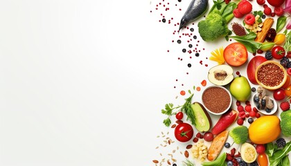 Fruits and vegetables background. White background. Copy space. - obrazy, fototapety, plakaty