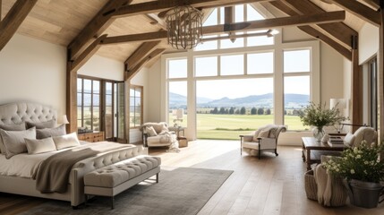 Fototapeta na wymiar Luxurious bedroom with ensuite, featuring wood beams and barn door, in new beautiful home with view.