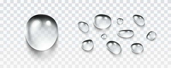Water rain drop set isolated on transparent background. Realistic condense droplets collection. Vector clear bubbles, gel elements or dew templates.