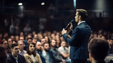 Une personne qui prend la parole en public à une conférence. 