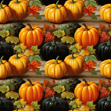 seamless pattern with orange and black pumpkins and bright autumn leaves on wooden background