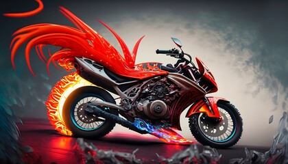 Ultra high resolution hyper realistic glowing metallic Bike. Close-up. Design, Motorcycle, illustration, vector, art, floral, bike, patter.