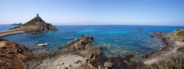 Fototapeta na wymiar Corsica-Parata cape and islands Iles Sanguinaires panoramic view .