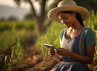 Fototapeta premium Agribusiness woman wearing hat and jeans at the end of a working day holding a cellphone. Created with Generative AI technology.