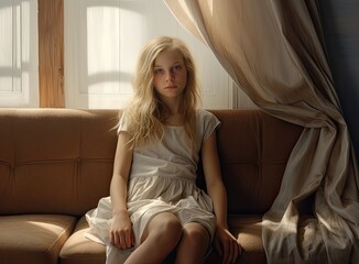 Lonely young woman sitting on couch in living room, looking away, touching chin, thinking over bad news, problems, failure, going through emotional burnout, Created with Generative AI technology.