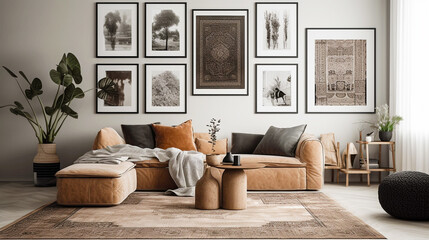 modern bohemian living room interior with sofa and wall art , plants and side tables 