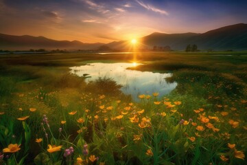 Fototapeta na wymiar Radiant sun over flowery field, mountains and serene river., generative IA