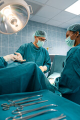 Two serious surgeons man and woman assisting to one another during operation passing surgical...
