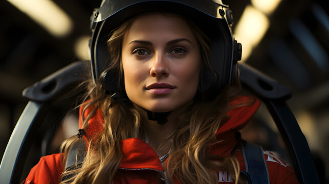 women on formula 1 racing car sitting with a helmet on