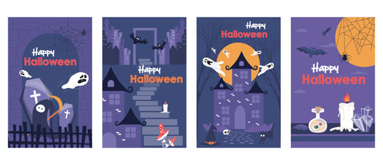 Halloween holiday cover brochure set in trendy flat design. Poster templates with spooky death character, flying ghosts, old castle and house with moon, creepy potion and candles. Vector illustration.