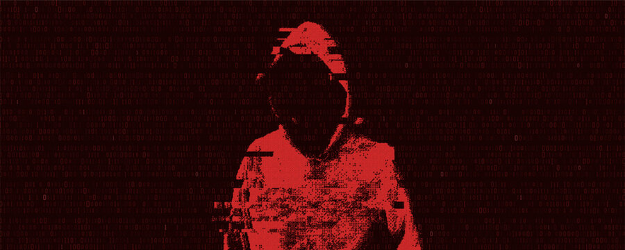Glitched silhouette with binary code. Danger internet virus, technical problem or system error. Vector illustration.