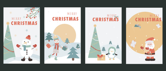 Fototapeta na wymiar Christmas holiday cover brochure set in trendy flat design. Poster templates with festive fir tree with toys and snowman, woman holds gifts in forest, Santa Claus with big bag. Vector illustration.