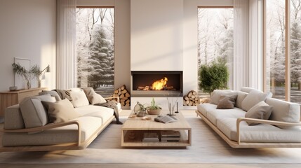 Render of a modern living room with a Scandinavian style frame.