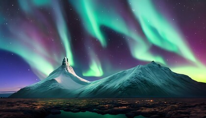 Aurora Starry sky with northern lights, Polar lights on Lofoten islands. Night winter landscape with aurora, Green polar lights.