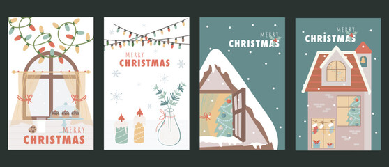 Christmas holiday cover brochure set in trendy flat design. Poster templates with cozy window with garland, candles and decor, homes with festive fir tree with toys and gifts. Vector illustration.