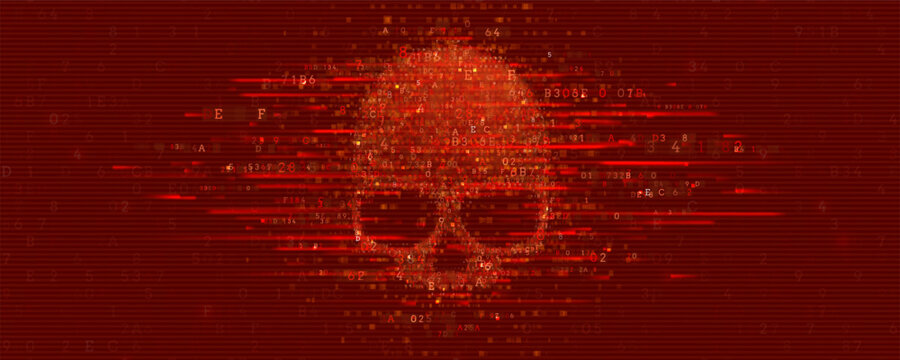 Warning glitch sign skull constructed with programming code. Danger internet virus, technical problem or system error. Vector illustration.