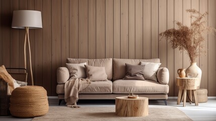 Cozy living room with wood wall, stylish sofa, round coffee table, braided pouf, brown sideboard, branch vase, beige lamp, and personal accessories.