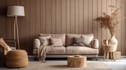 Foto op Aluminium Cozy living room with wood wall, stylish sofa, round coffee table, braided pouf, brown sideboard, branch vase, beige lamp, and personal accessories. © Vusal