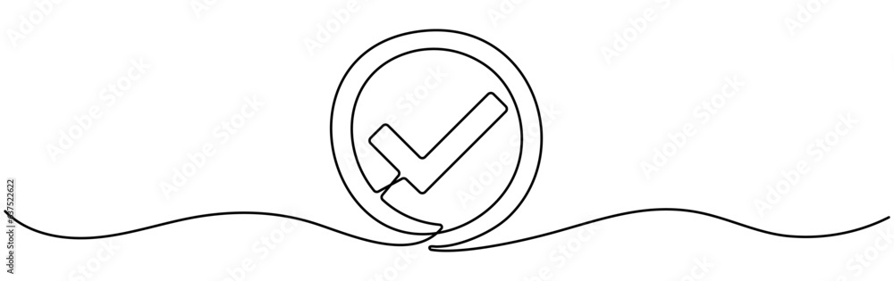 Poster checkmark in circle continuous one line drawn. approved linear symbol. vector illustration isolated 