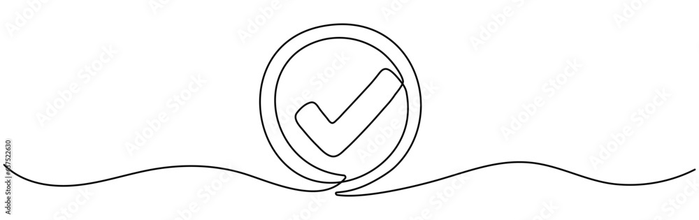 Poster checkmark in circle continuous one line drawn. approved linear symbol. vector illustration isolated 