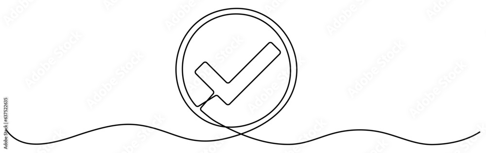Poster checkmark in circle continuous one line drawn. approved linear symbol. vector illustration isolated 