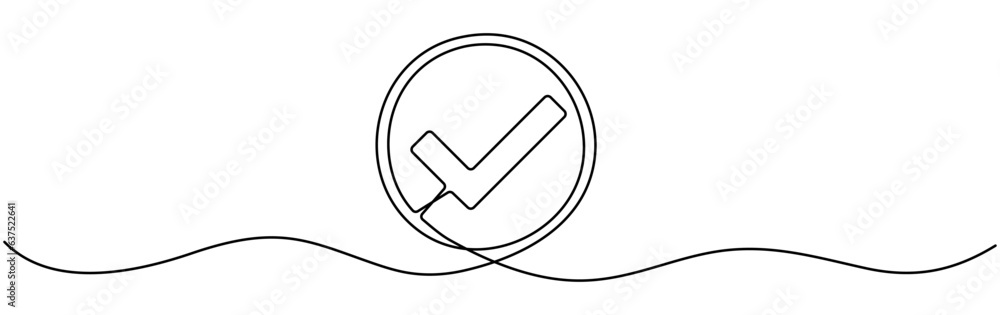 Poster checkmark in circle continuous one line drawn. approved linear symbol. vector illustration isolated 