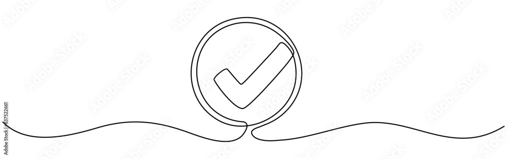Poster checkmark in circle continuous one line drawn. approved linear symbol. vector illustration isolated 