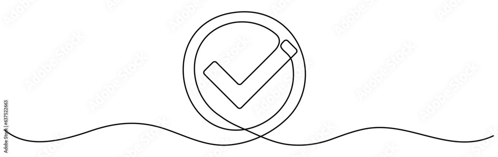 Poster checkmark in circle continuous one line drawn. approved linear symbol. vector illustration isolated 