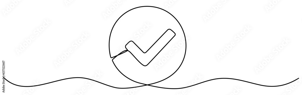Poster checkmark in circle continuous one line drawn. approved linear symbol. vector illustration isolated 