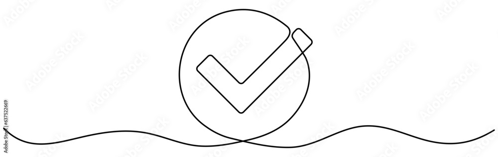 Poster checkmark in circle continuous one line drawn. approved linear symbol. vector illustration isolated 