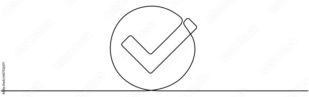 Poster checkmark in circle continuous one line drawn. approved linear symbol. vector illustration isolated 