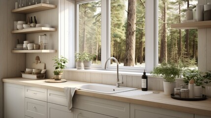 Kitchen view of forest through window, white wooden furniture and brick decor. Scandinavian style in cottage with counter and plant.