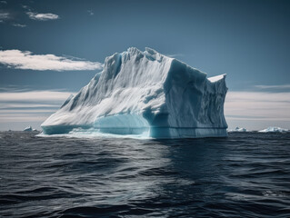 View of an iceberg breaking up from melting ice in polar waters in a sunny afternoon.