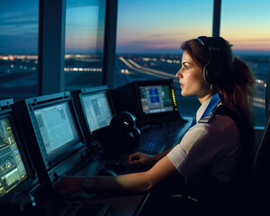 Woman working as air traffic controller. Female sitting at airport control tower, screens near her, blurred evening landscape with runway background. Generative AI - obrazy, fototapety, plakaty