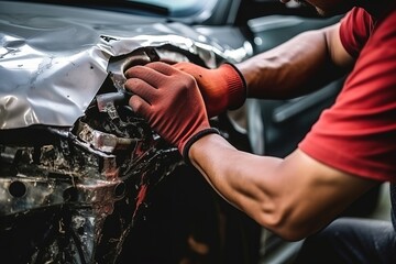 Auto body repairman fixes a car damaged in an accident or collision - obrazy, fototapety, plakaty