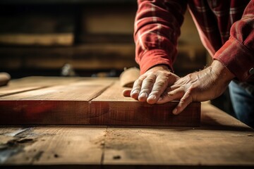Carpenter works with wood in his workshop