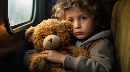 Within the confines of a moving vehicle, a young child clings to their teddy bear for solace. Their haunting gaze emanates a deep sense of unease, hinting at an underlying fear of their surroundings.