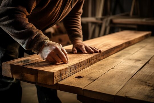 Carpenter works with wood in his workshop