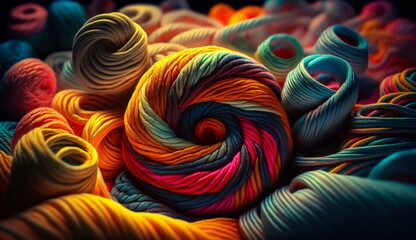 Swirl balls of multicolored wool on the yarn background.Generative AI