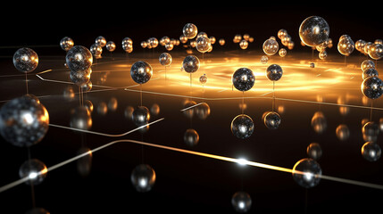 Illustration of abstract metallic background with shiny spheres and light beams