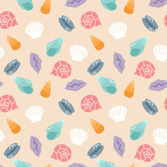 Seashells simple doodle seamless pattern. Colorful summer beach sea background. Vector illustration