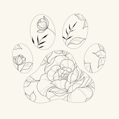 line drawing dog paw floral flower