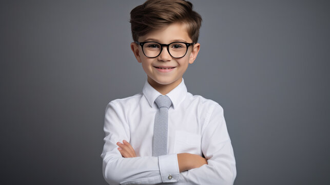Boy in white shirt and tie on dark gray background.