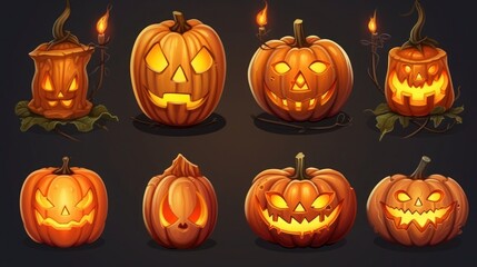 Halloween pumpkin icons set, cartoon illustration halloween pumpkin icons