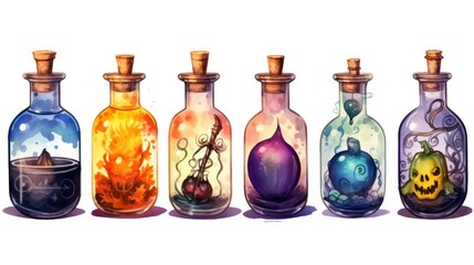 Halloween watercolor hand drawn illustration of magic potion bottles isolated on white background - obrazy, fototapety, plakaty