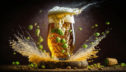 Foamy beer splashing out of glass with swirl, splash, drops and hops on the nature background.Generative AI