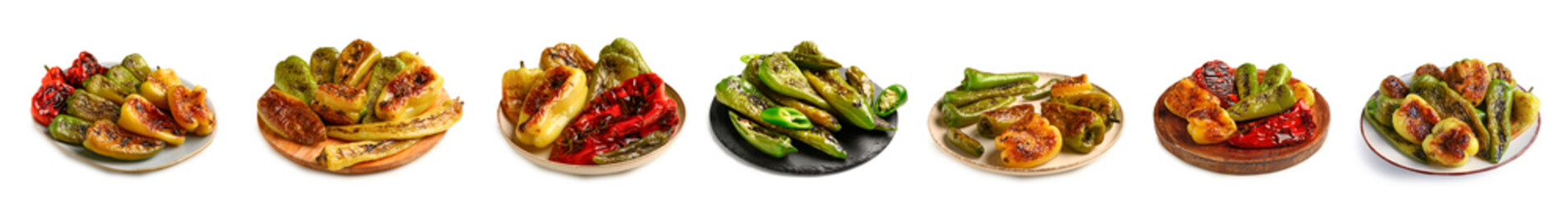 Set of tasty grilled peppers on white background